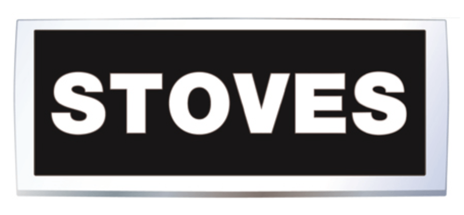 A black and white sign that says stoves on it