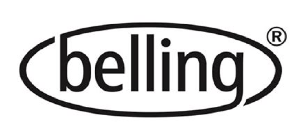 The belling logo is black and white and has a circle around it.