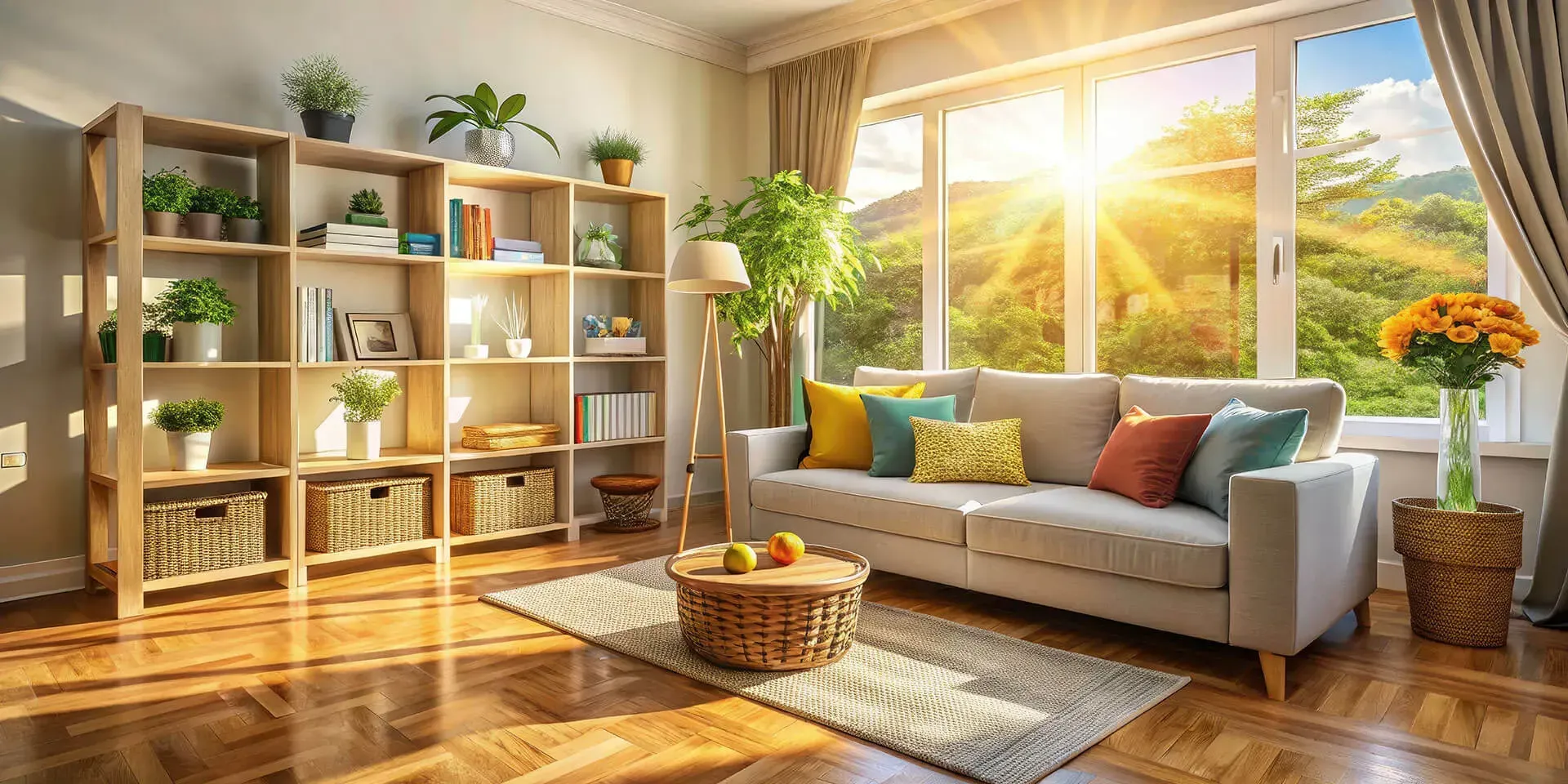 Sunlit living room with a sofa, wooden shelves, houseplants, and large windows overlooking a bright sunset.