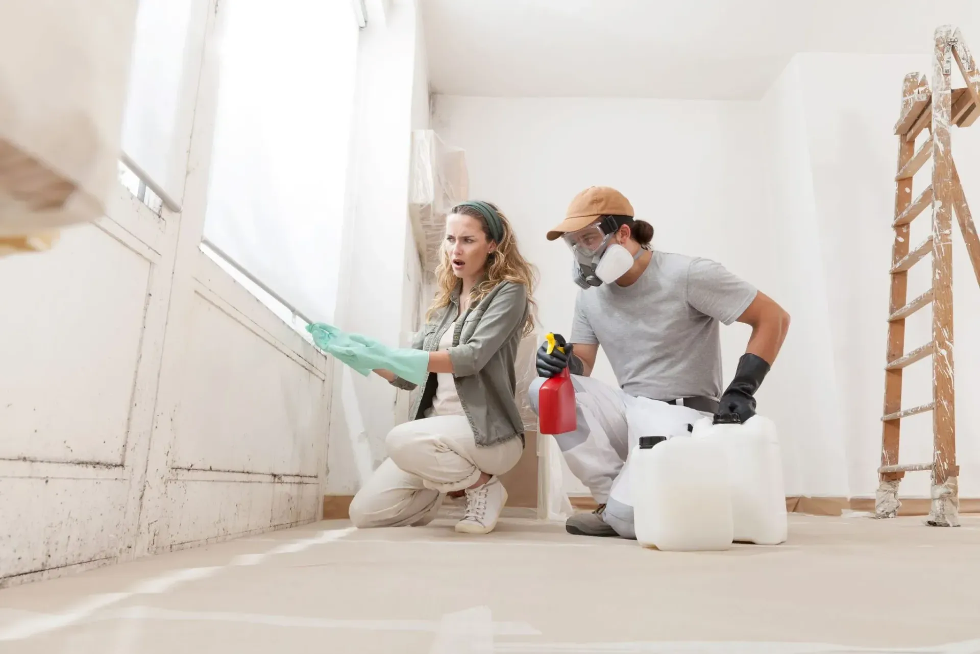 Two cleaners kneel in a bright room, spraying and wiping walls during interior painting prep.