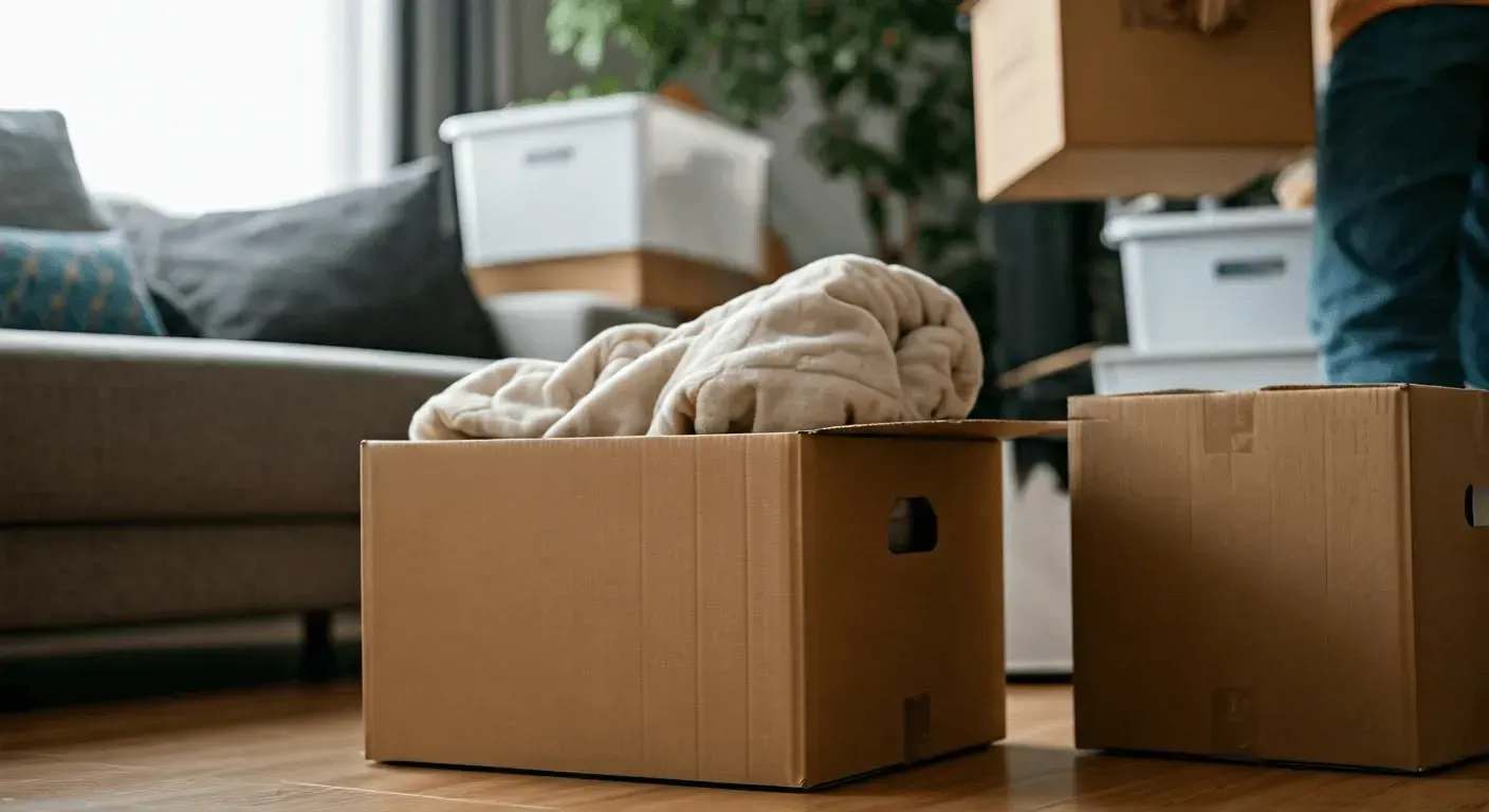 Cardboard moving boxes in a living room, one open with blankets inside.