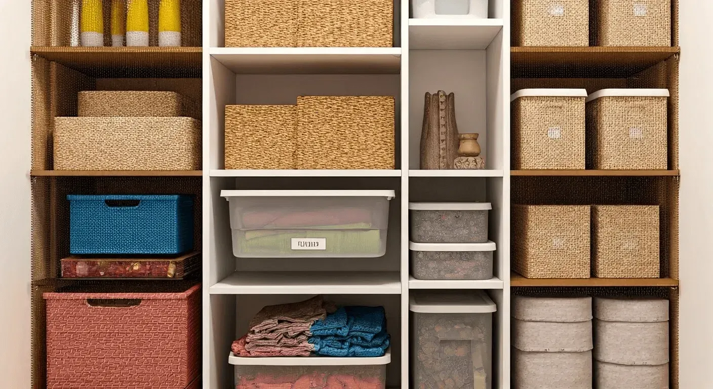 Cubby storage shelves filled with woven baskets, fabric bins, and folded linens in neutral and blue tones