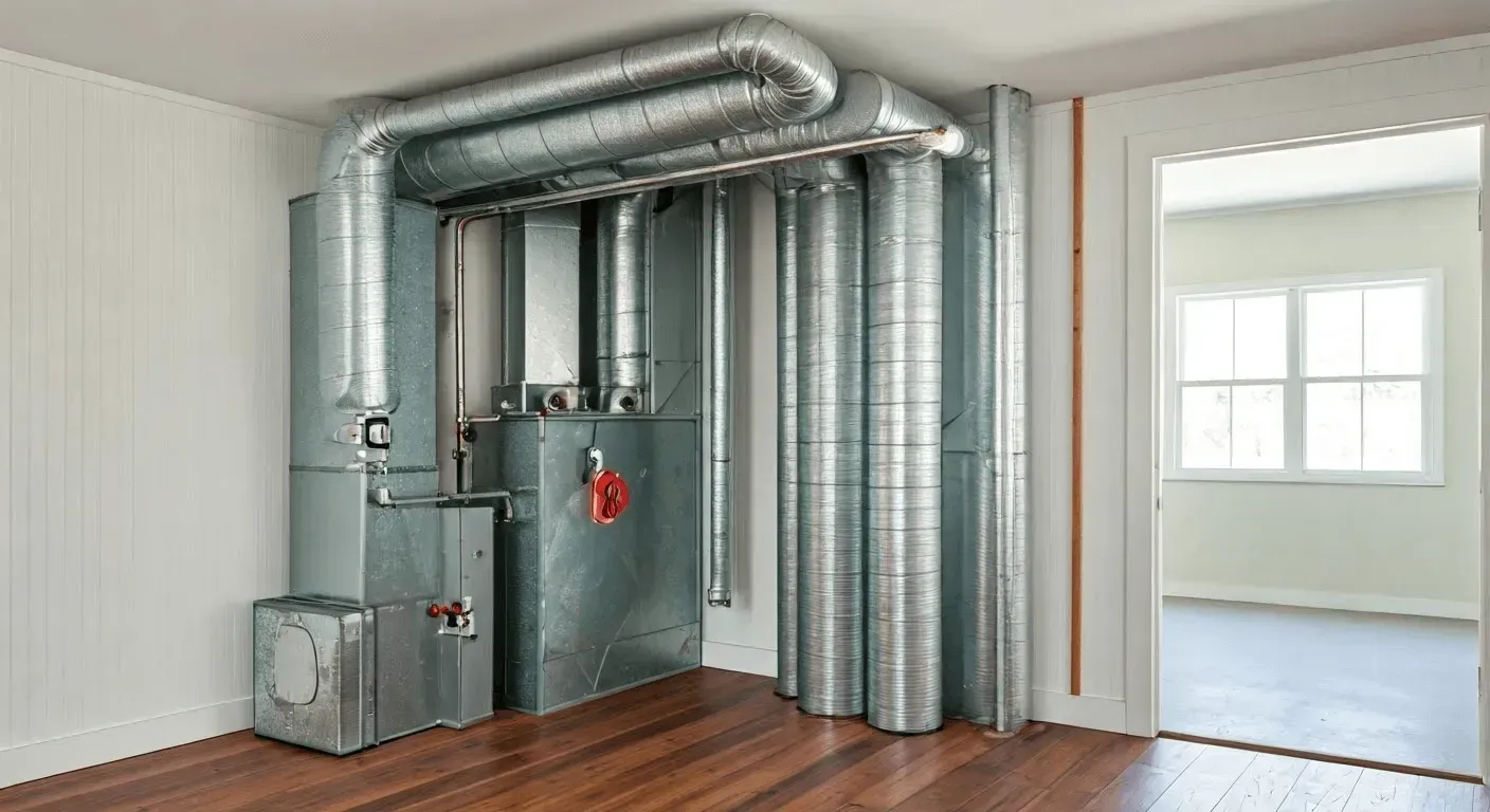 Empty room with exposed silver HVAC ducts, metal furnace units, and wood floors near a doorway