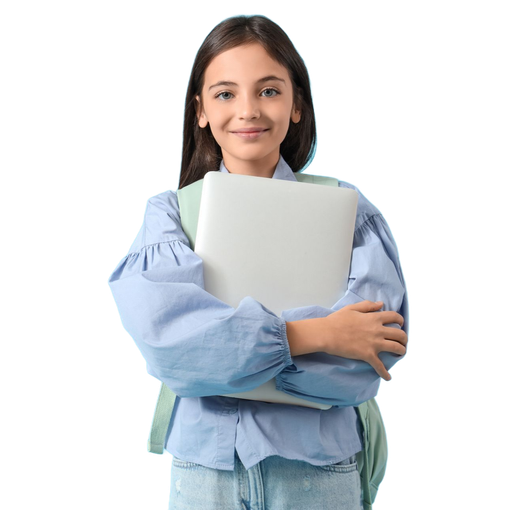 A smiling person wearing a blue shirt and a backpack, holding a closed laptop against their chest.
