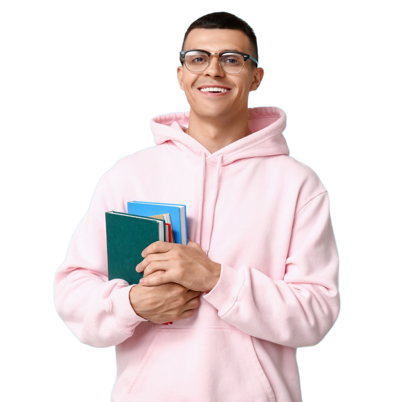 A smiling person wearing glasses and a light pink hoodie holding a small stack of books against a white background.