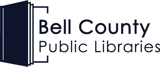 Logo for Bell County Public Libraries featuring a stylized dark blue book icon next to the organization's name.