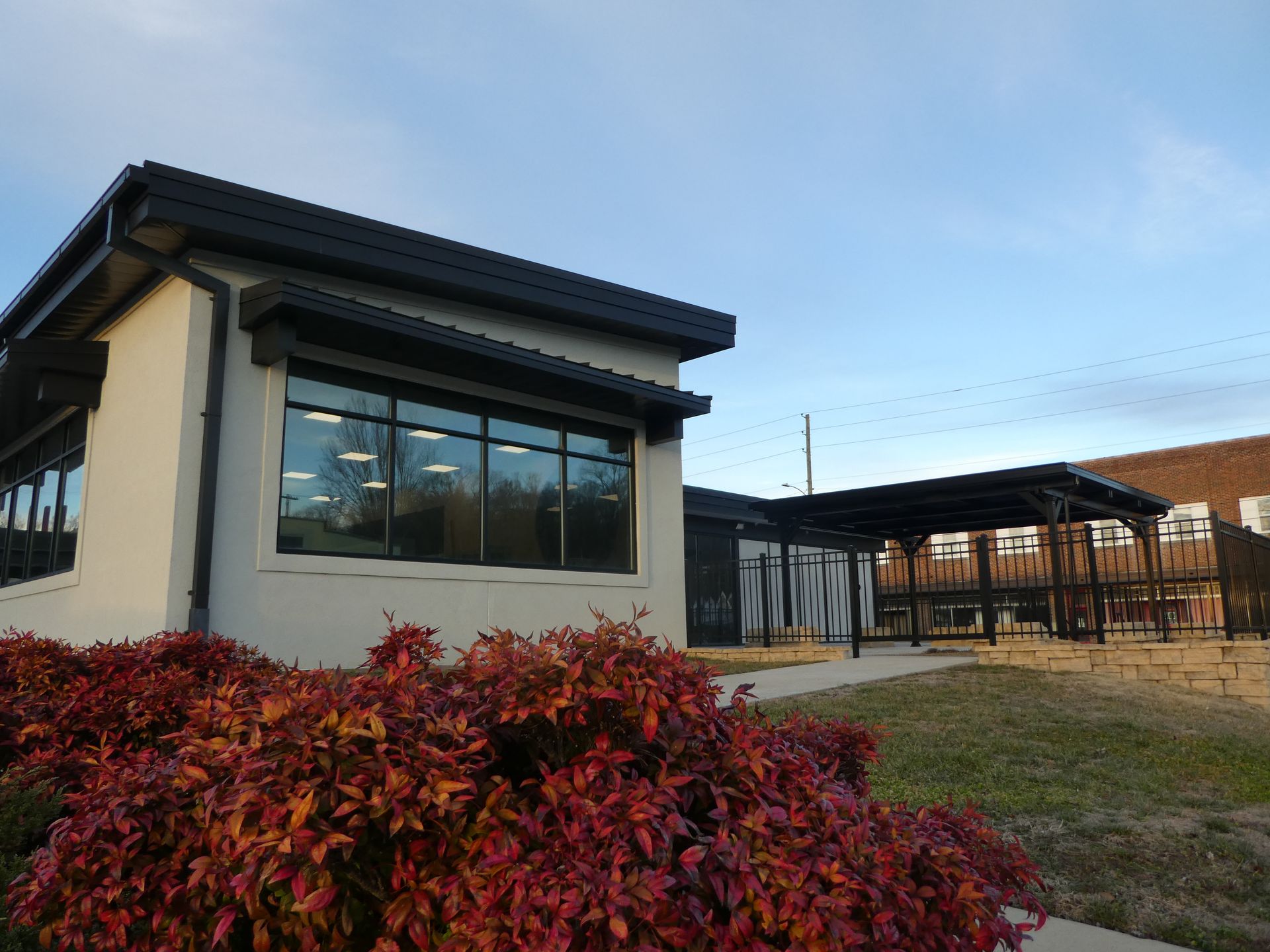 A modern, cream-colored building with dark trim and a large window, next to a wooden pergola and red bushes.