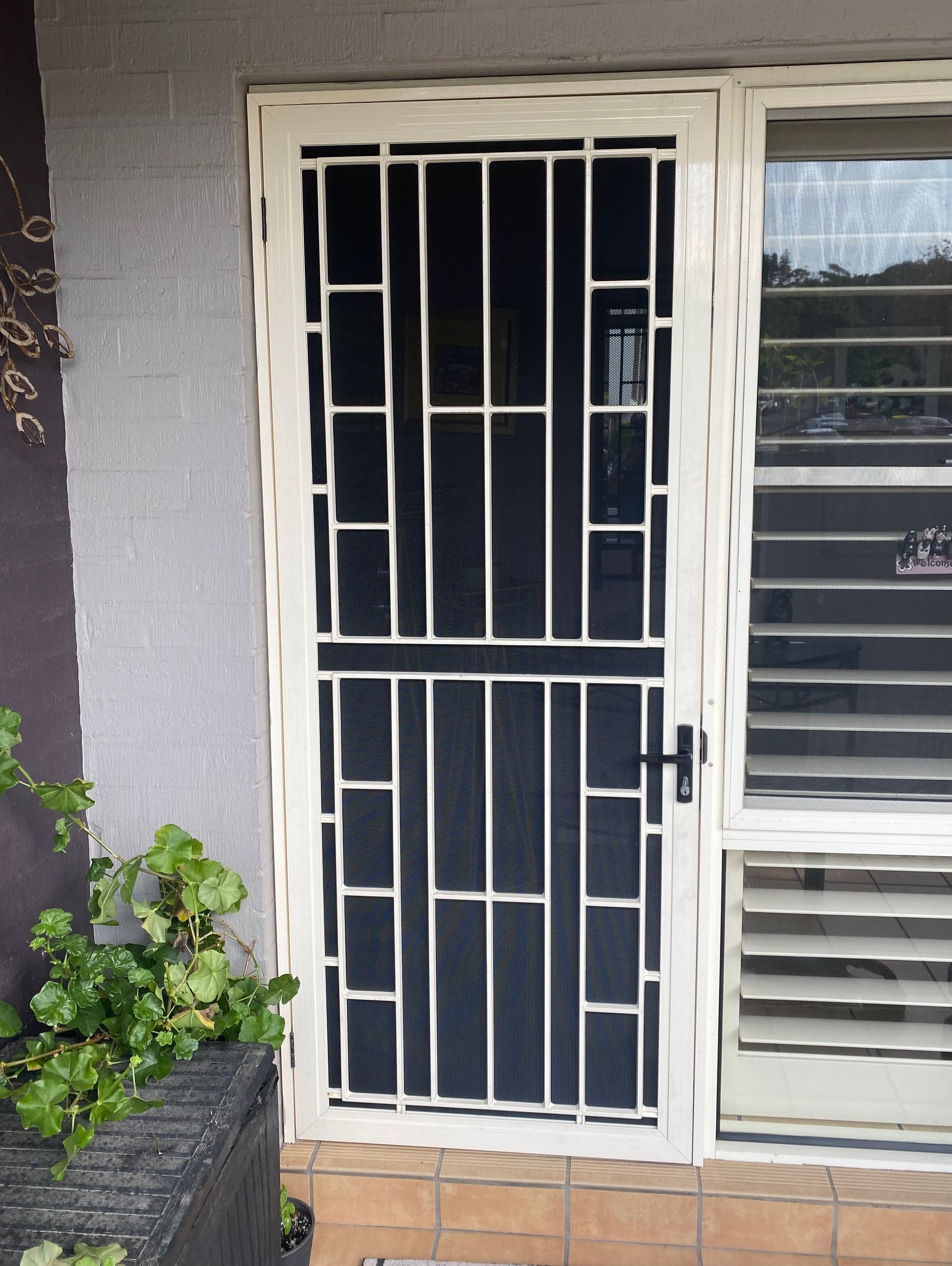 Cream-coloured Security Door With Black Mesh And Ornate Metal Bars — Fix-A-Door in Cessnock, NSW