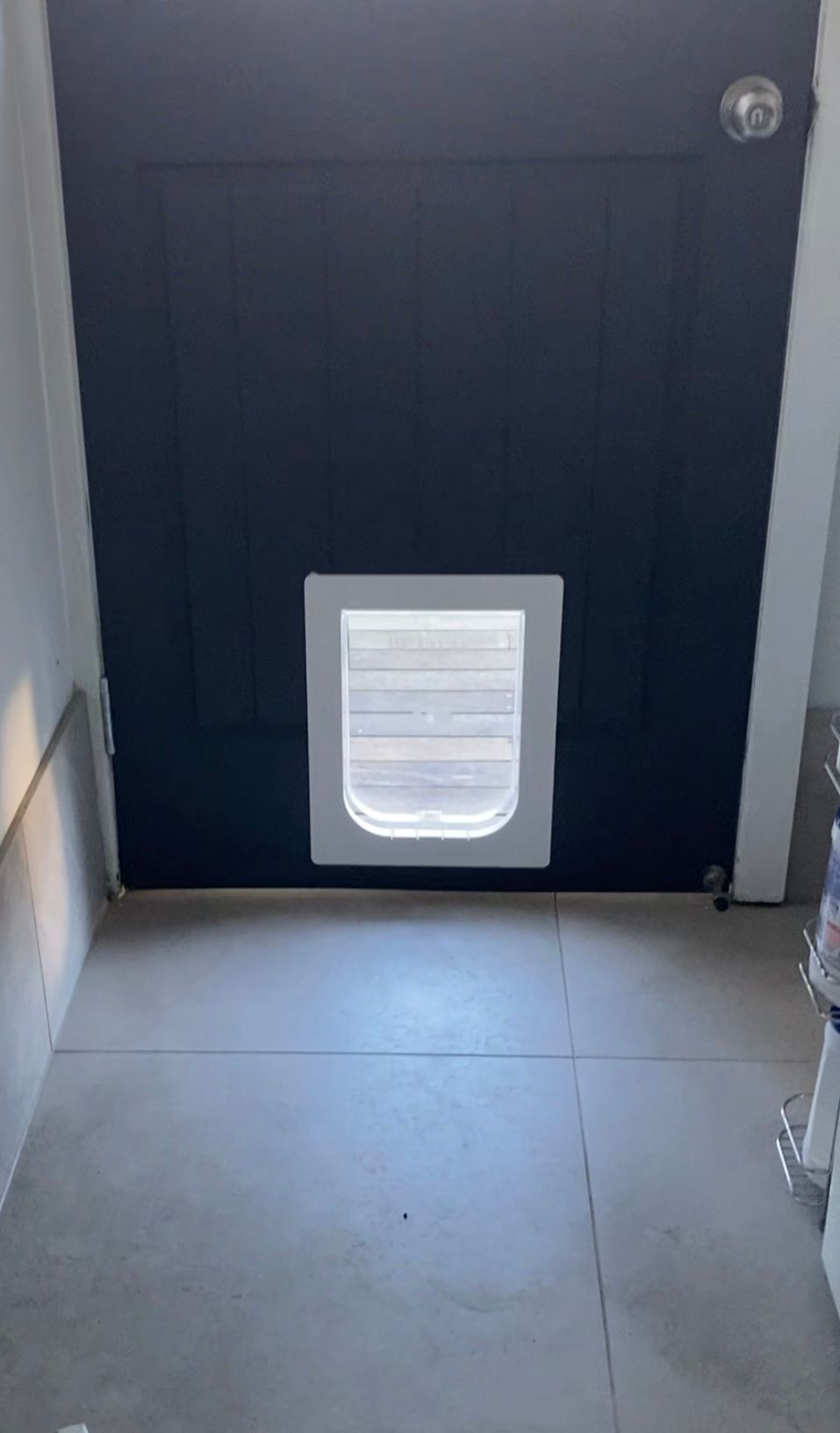 Black door with a white-framed pet door, set in a gray-floored room-Fix-A-Door in Morisset, NSW
