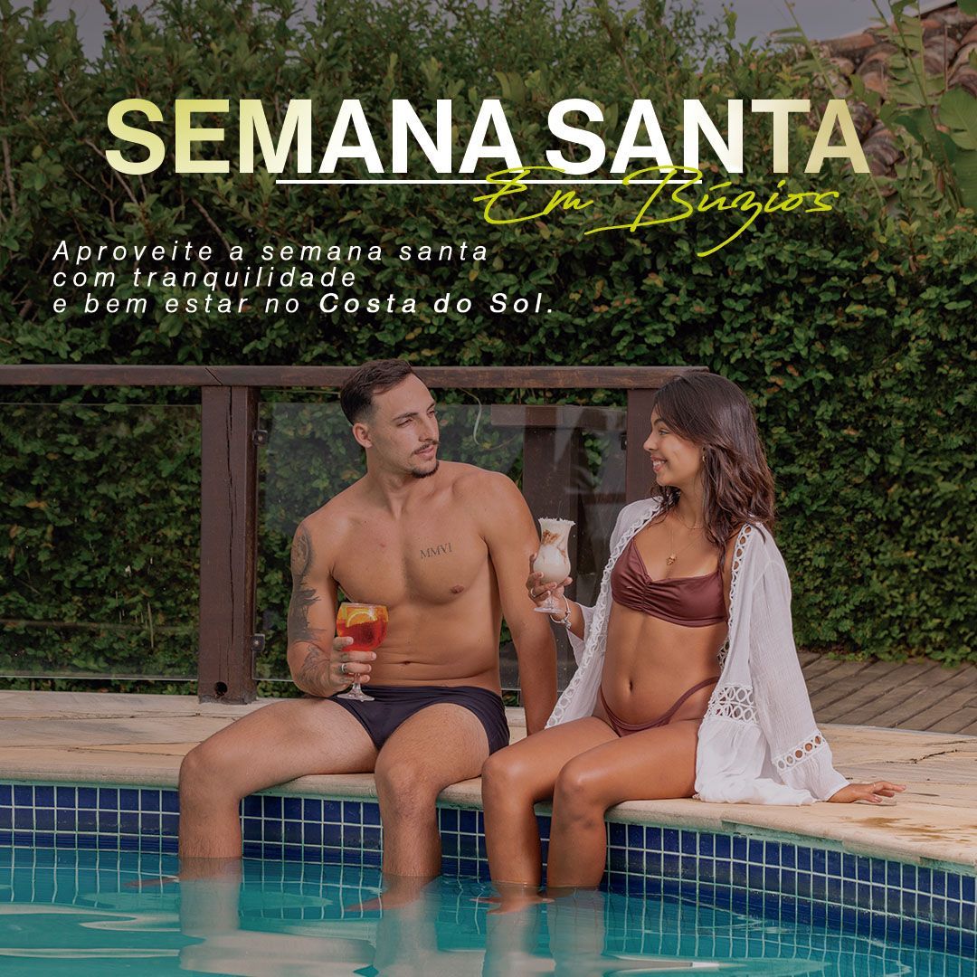 Casal perto de uma piscina em Búzios, Brasil. Texto: 