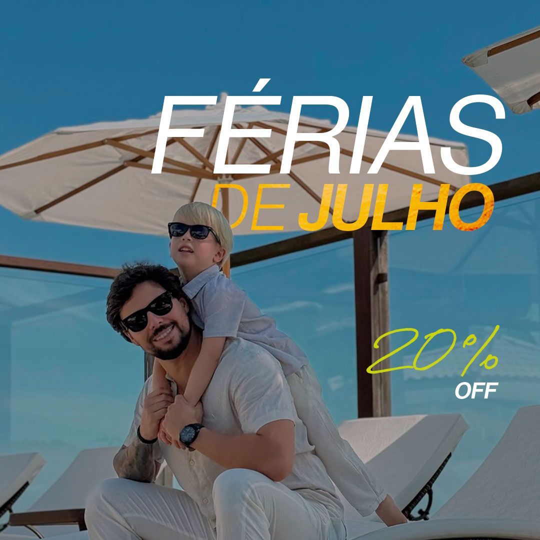 Pai e filho em um resort de praia. O texto diz 