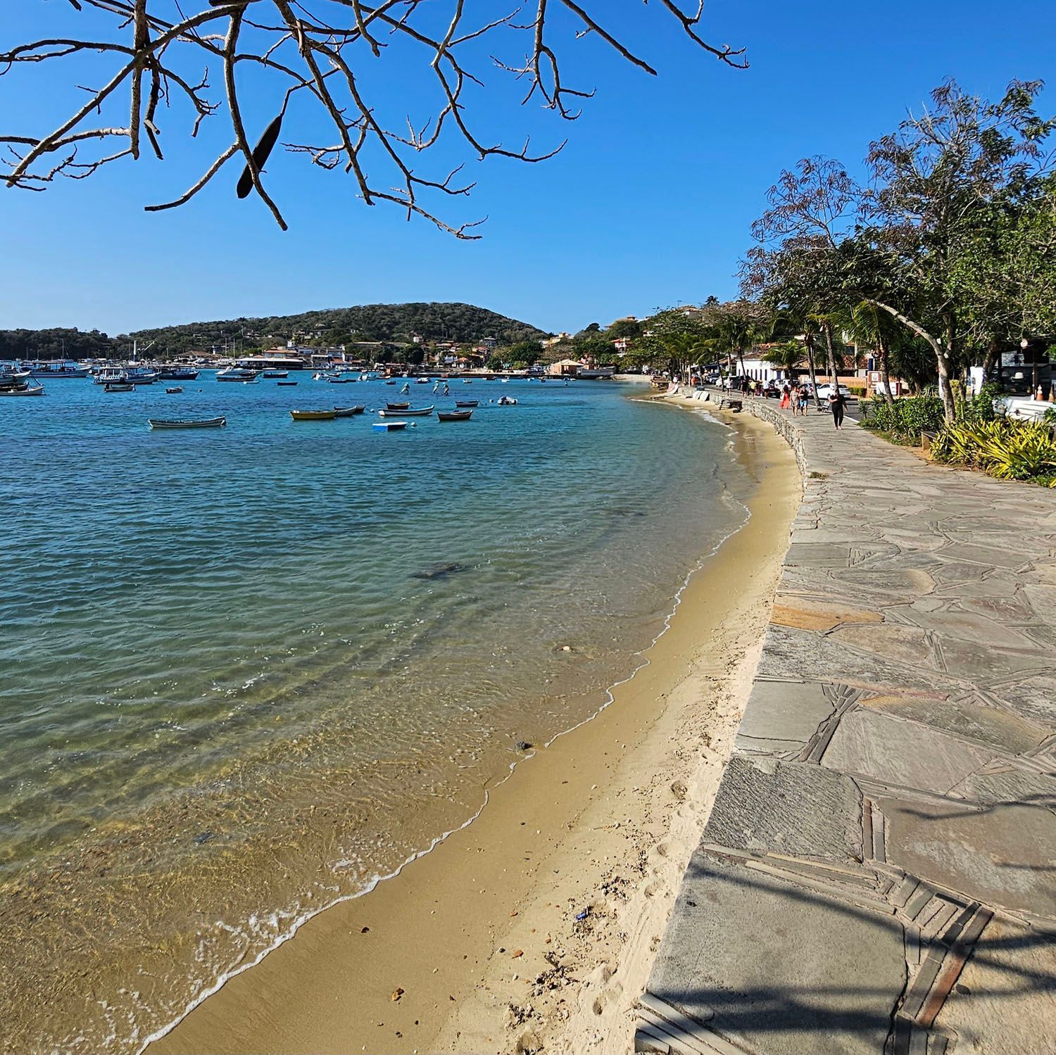 Uma praia com barcos na água em um dia ensolarado