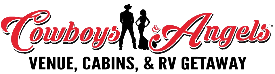 Cowboys & Angels venue, cabins, and RV getaway logo with red script and black silhouettes