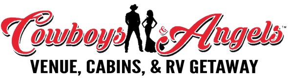 Cowboys & Angels logo with red script, black couple silhouette, and “Venue, Cabins, & RV Getaway” text