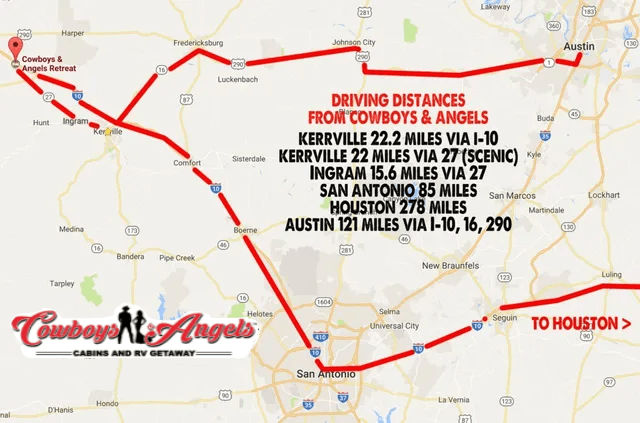 Map graphic of a driving route for Kenny Couvous & Angels, with red lines linking towns in Texas and a destination in Houston.