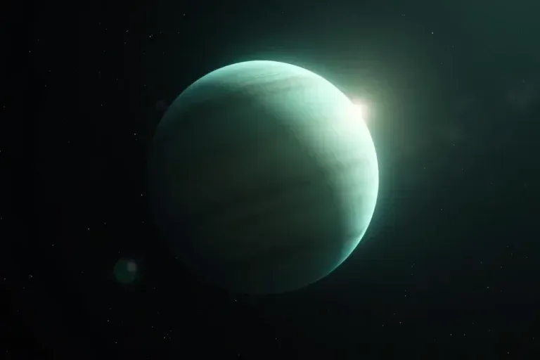 Glowing green planet against a dark space background