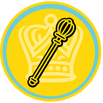 A yellow circle with a crown and a scepter in it