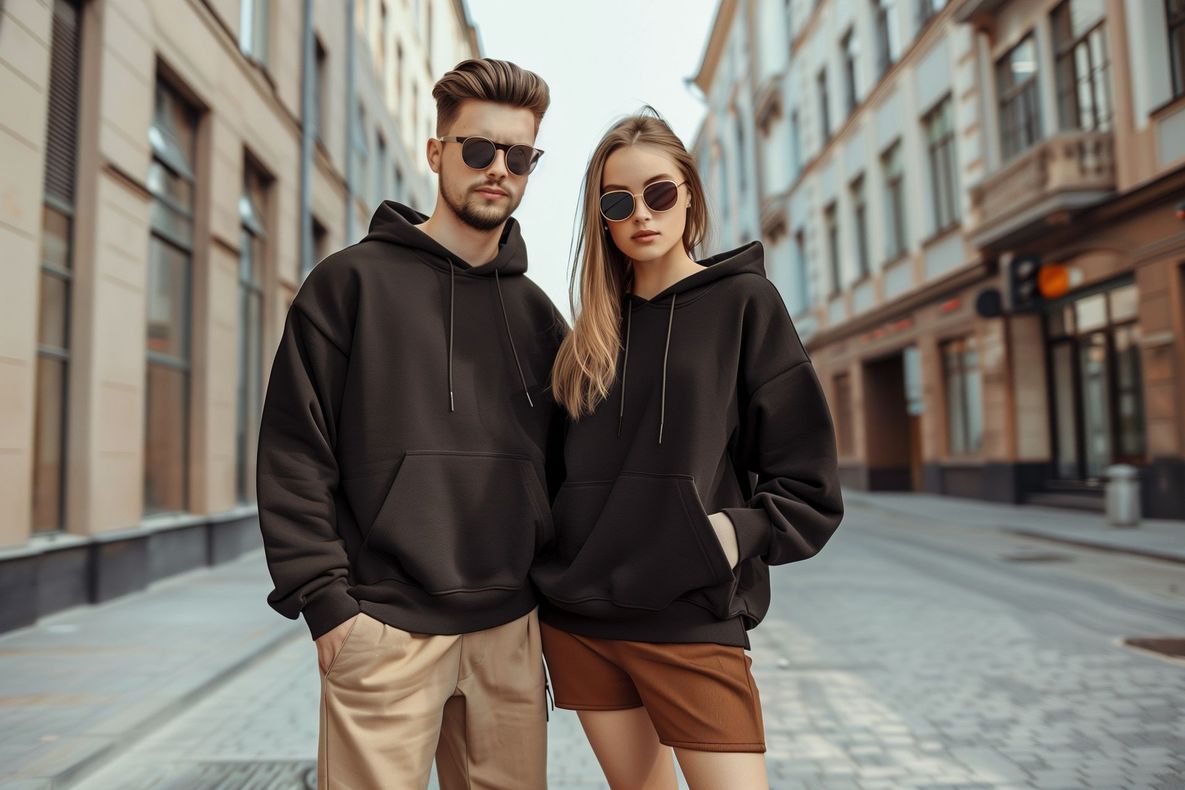 A man and a woman wearing hoodies and sunglasses are standing next to each other on a city street.