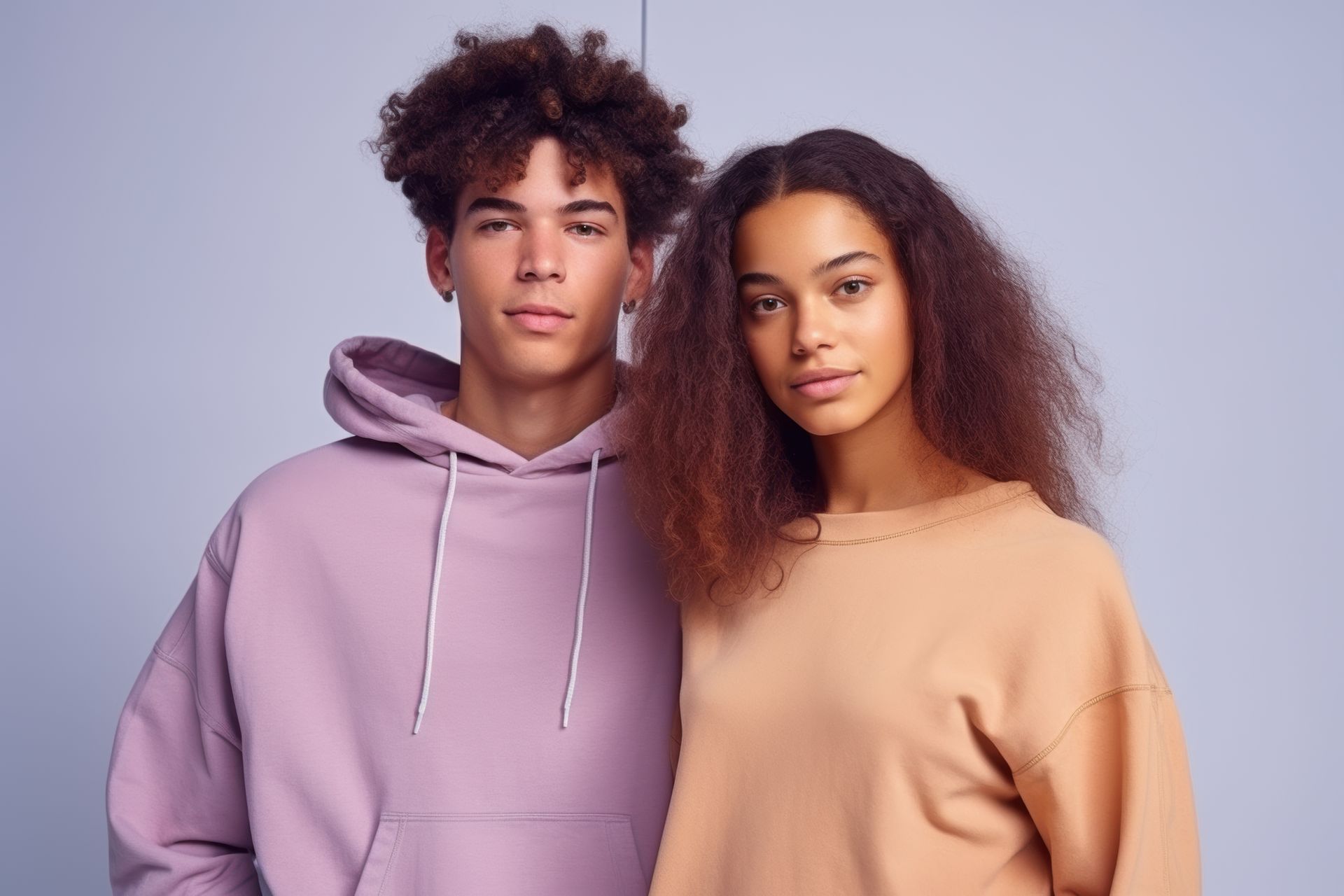 A man and a woman are standing next to each other wearing hoodies.