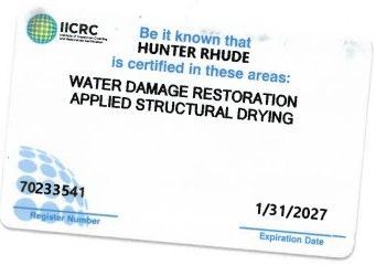 IICRC certification card for Hunter Rhude in Water Damage Restoration and Applied Structural Drying, expiring 1/31/2027.