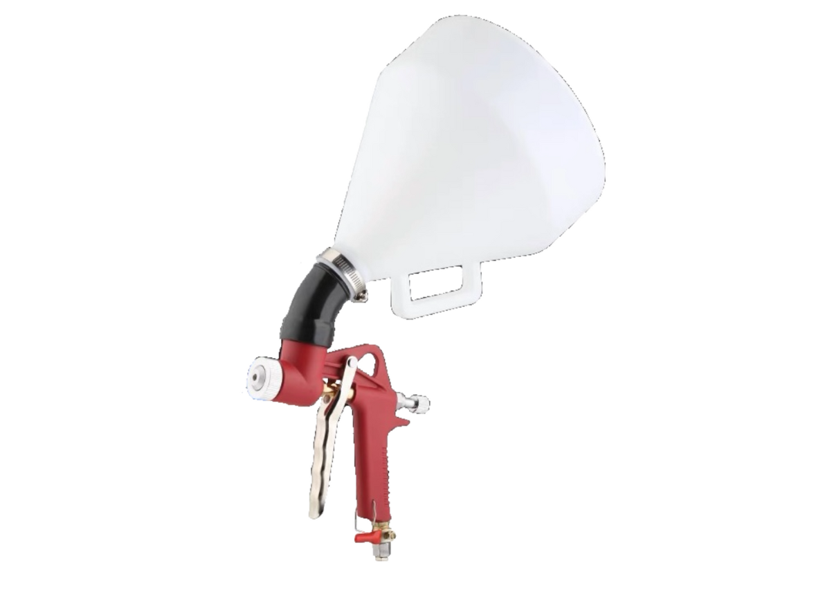 Red and white paint sprayer with a large, white hopper.
