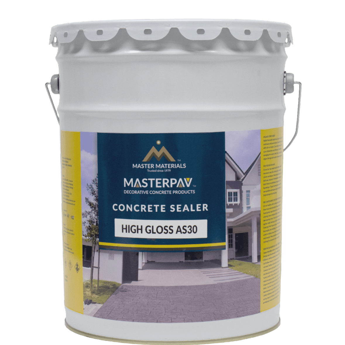 Bucket of Masterpav Concrete Sealer, high gloss AS30. White container with yellow and blue label, handle.