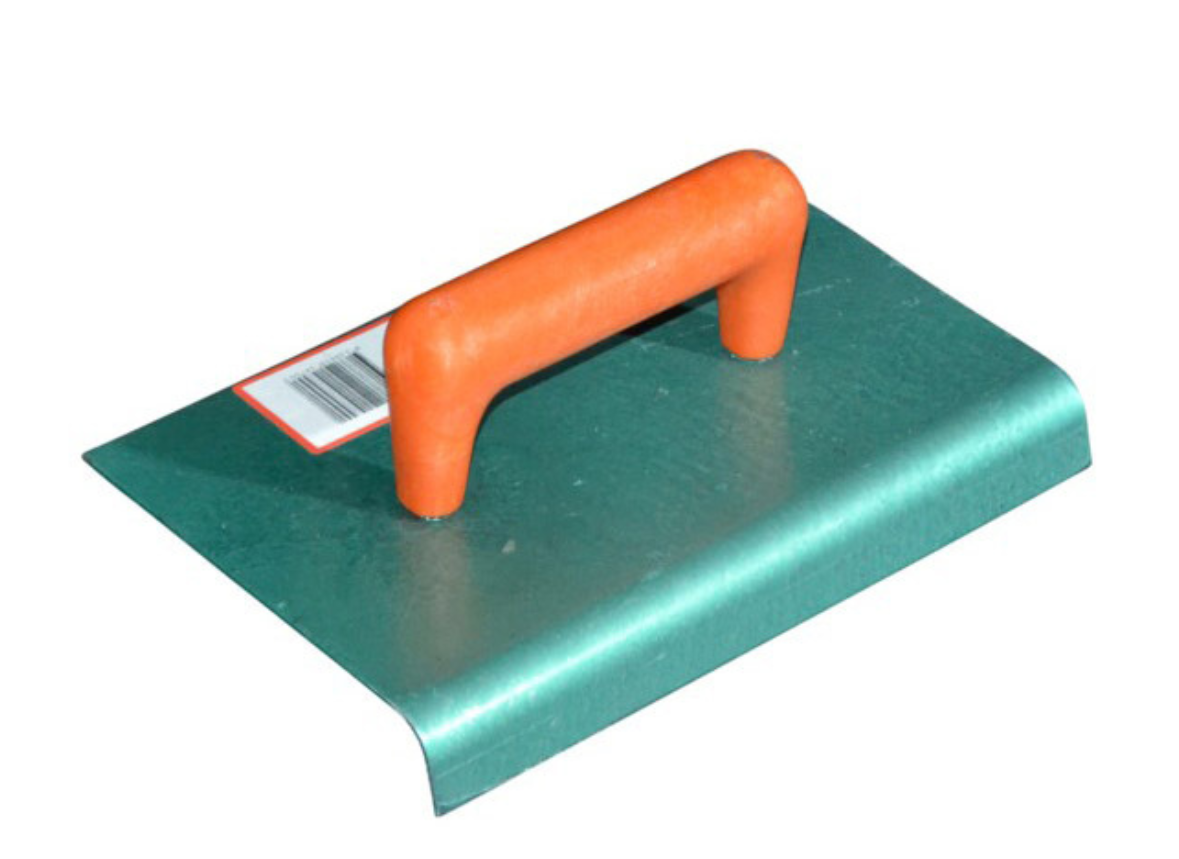 Green metal corner trowel with orange handle.