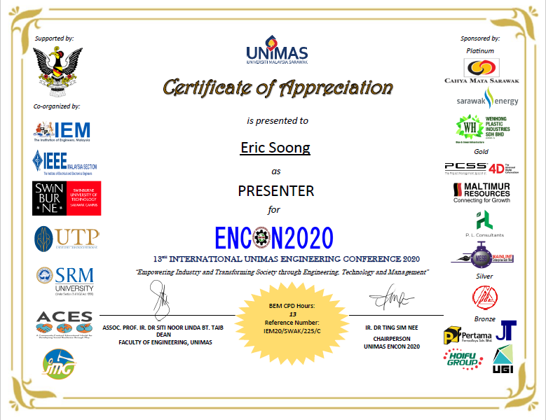 Certificate of Appreciation for Eric Soong, presenter at ENCON2020 conference.