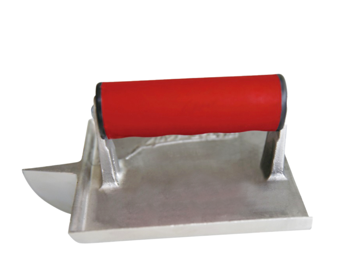 A metal bricklayer's tool with a red handle.