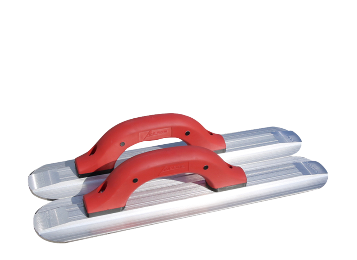 Two aluminum concrete floats with red handles.