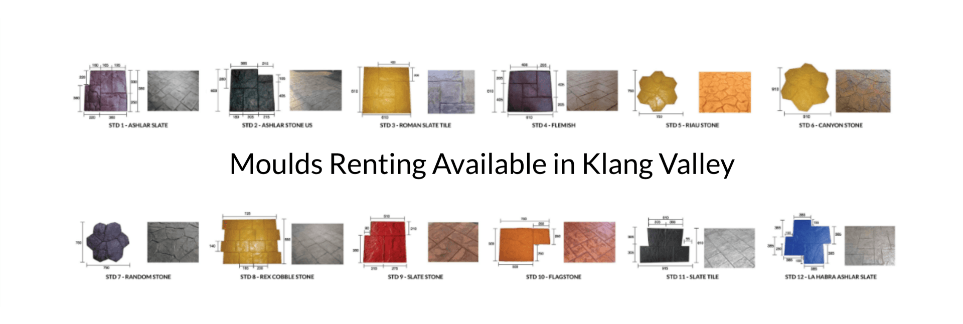 Moulds renting available in Klang Valley; shows various shapes and colors of moulds.