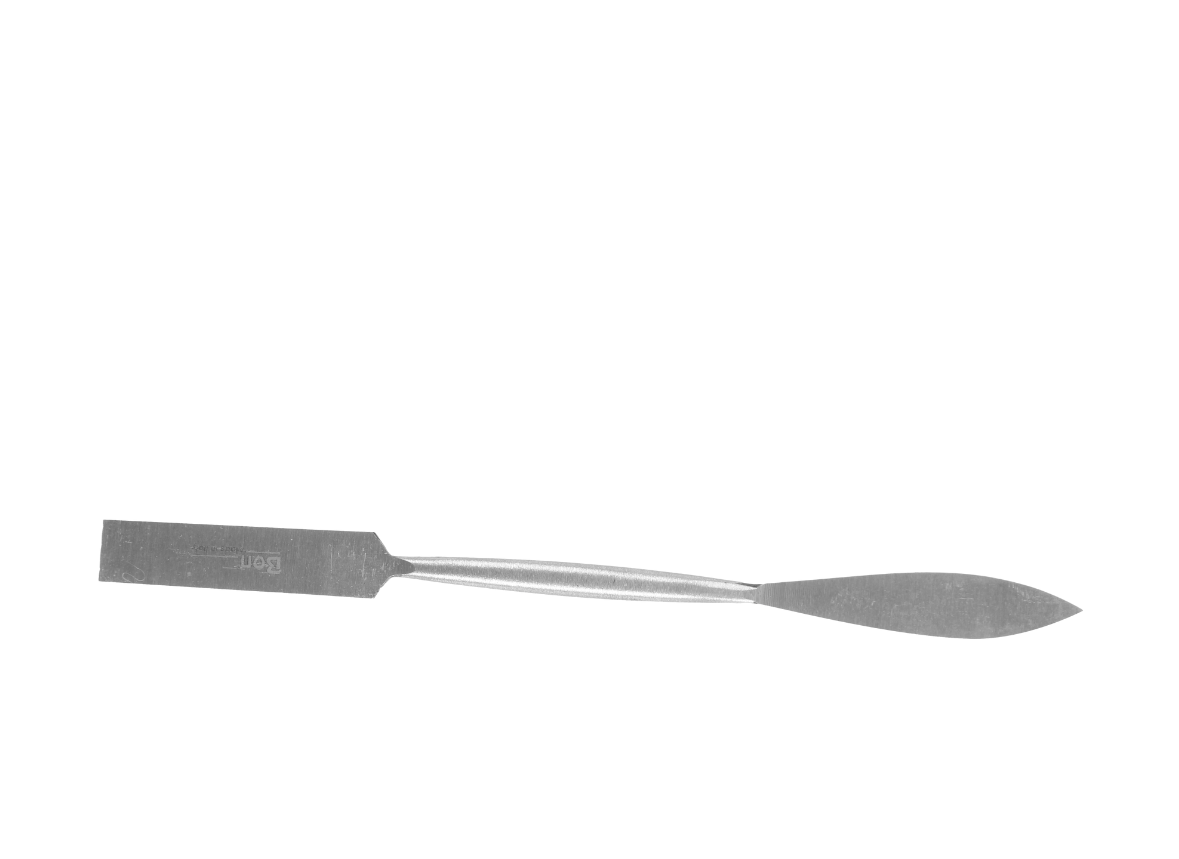Spatula tool with a flat, pointed blade and a metal handle.