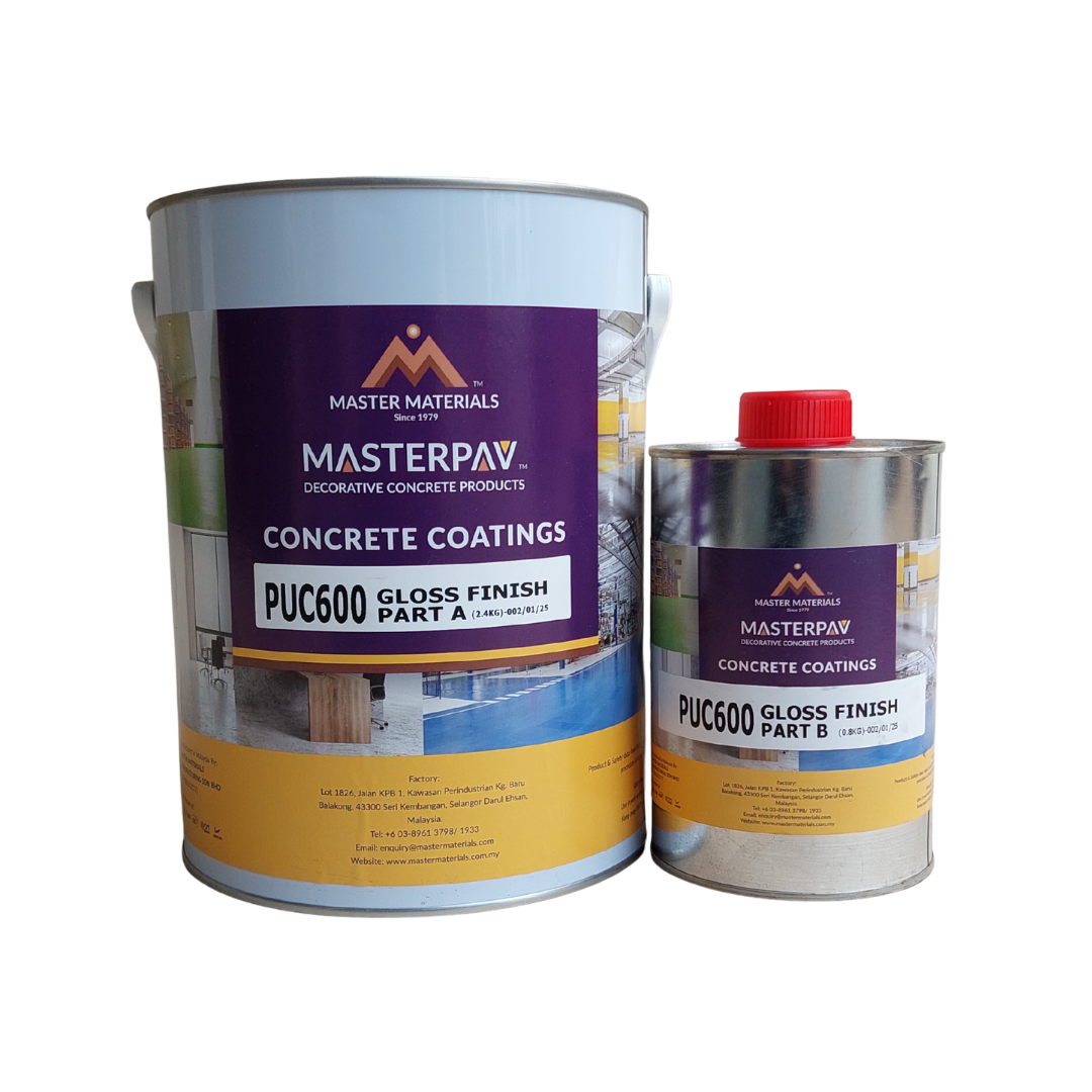 Two metal cans of Masterpave PUC600 concrete coating, one large and one small, with purple and yellow labels.