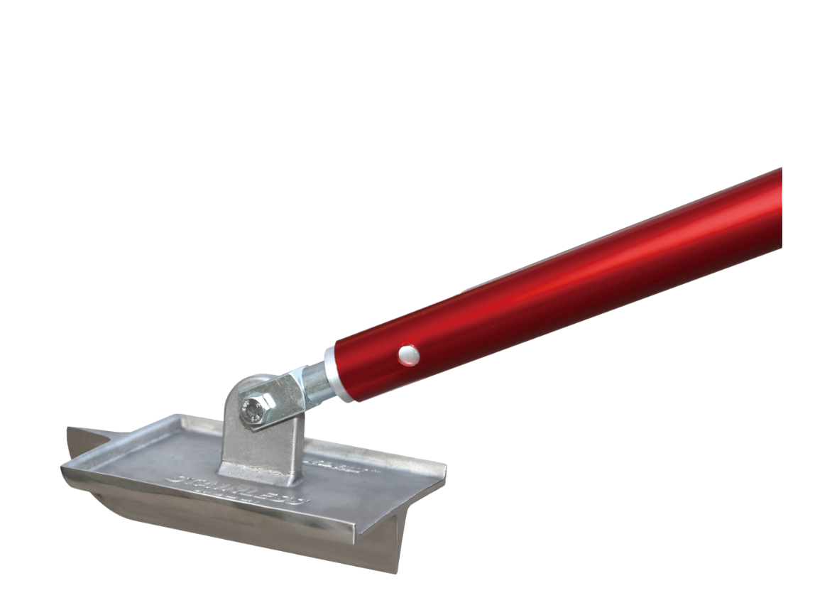 Red-handled concrete edger tool with an angled blade for finishing edges.