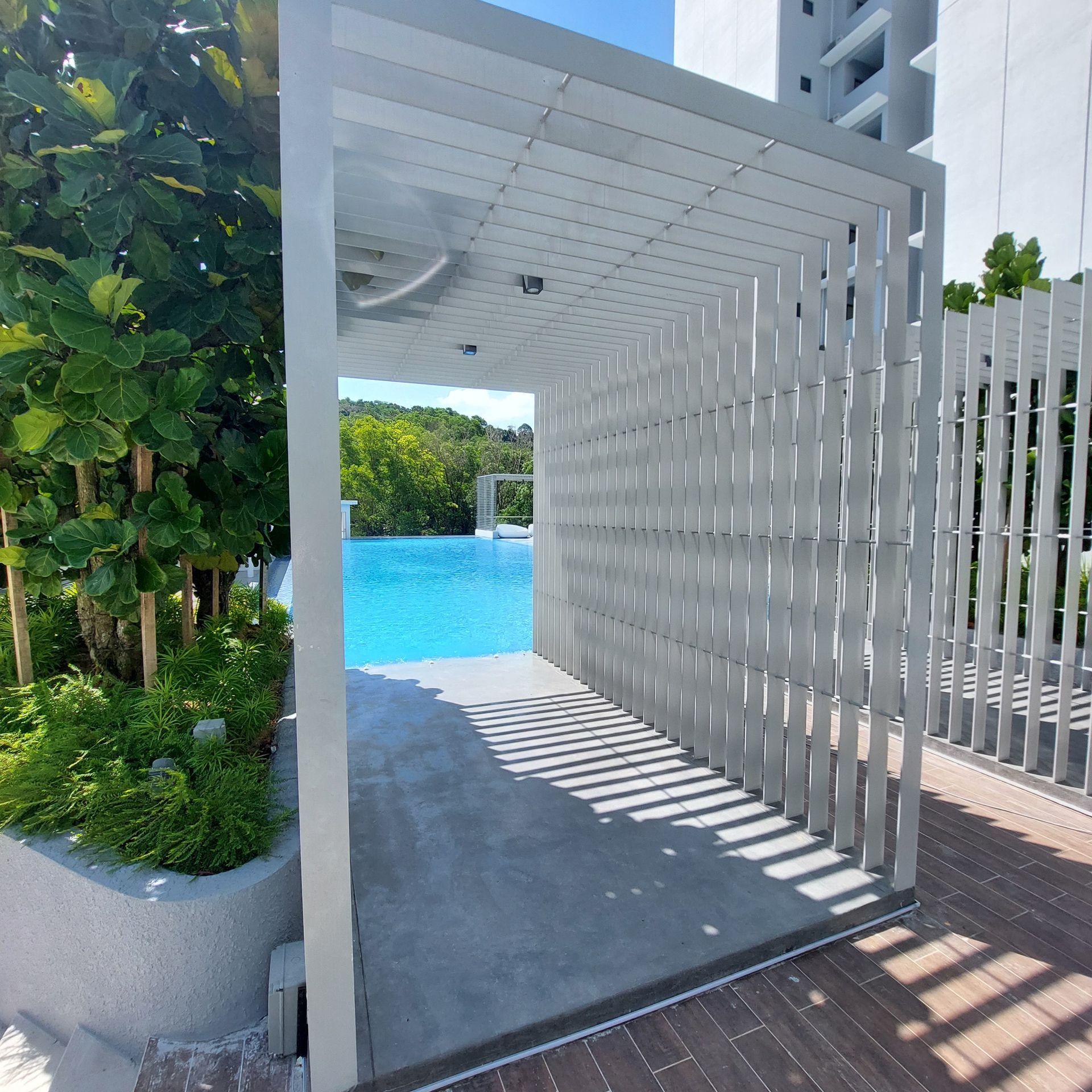 Poolside walkway with slatted white wall, open to a pool.