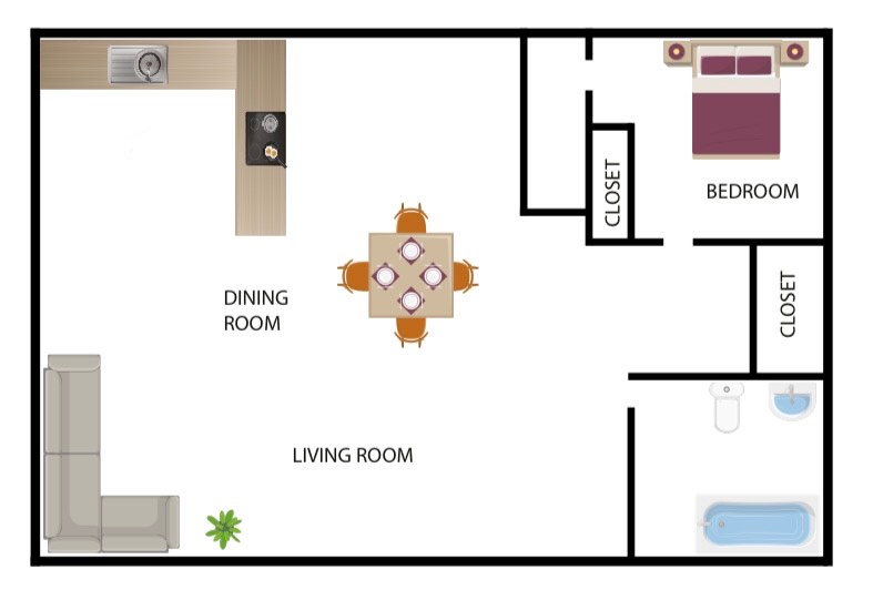 Floor plan of an apartment, showing the kitchen, dining area, living room, bedroom, and bathroom with closets.