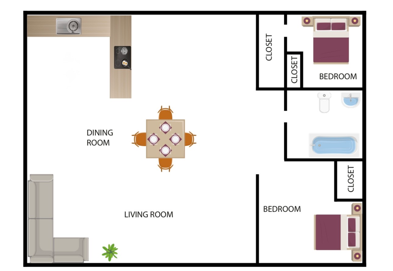 Floor plan of a two-bedroom apartment with a living room, dining area, and kitchen.