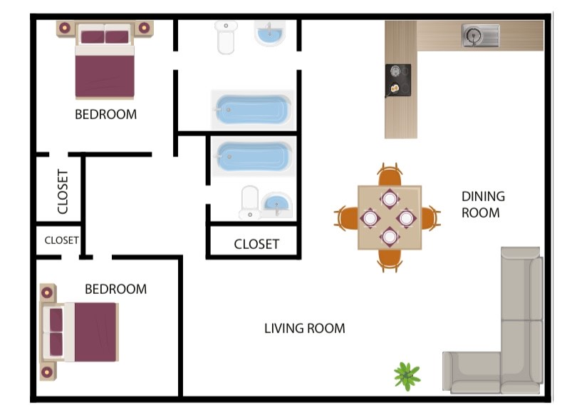 Floor plan of a two-bedroom apartment with a kitchen, dining area, and living room.