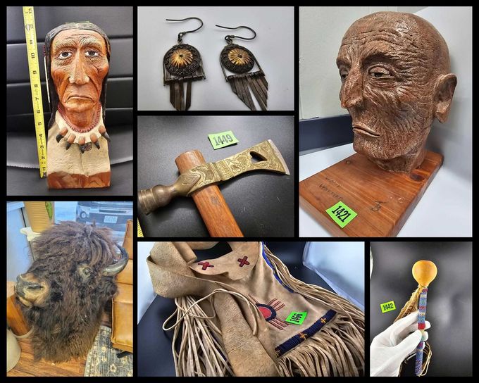 A collage of native american artifacts including a buffalo head