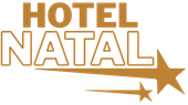 Logotipo dourado "Hotel Natal" com estrela e sublinhado sobre fundo branco.
