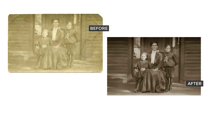 A before and after photo of a family sitting on a porch.