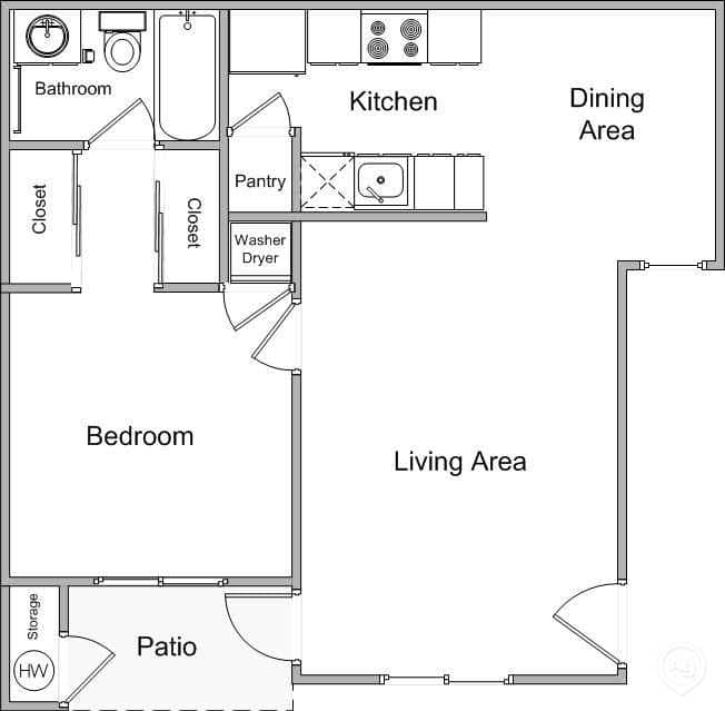 Sunrise Oaks 1 bed / 1 bath apartment floor plan