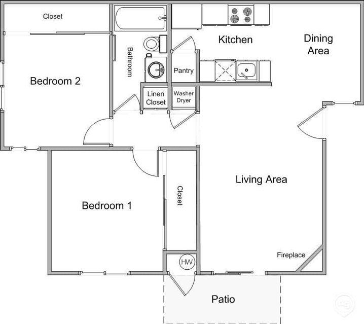 Sunrise Oaks 2 bed / 1 bath apartment floor plan