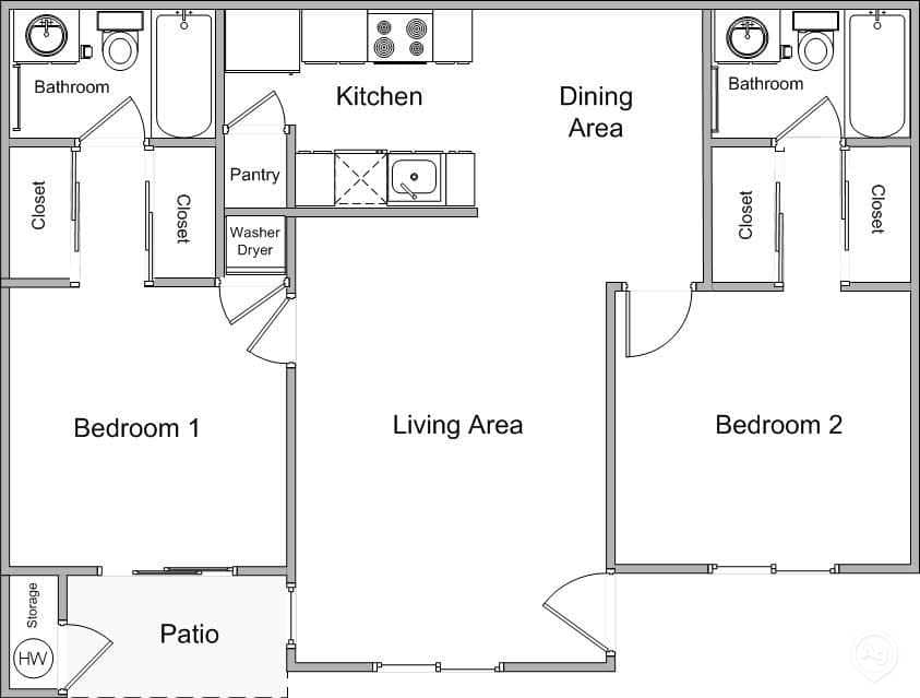 Sunrise Oaks 2 bed / 2 bath apartment floor plan