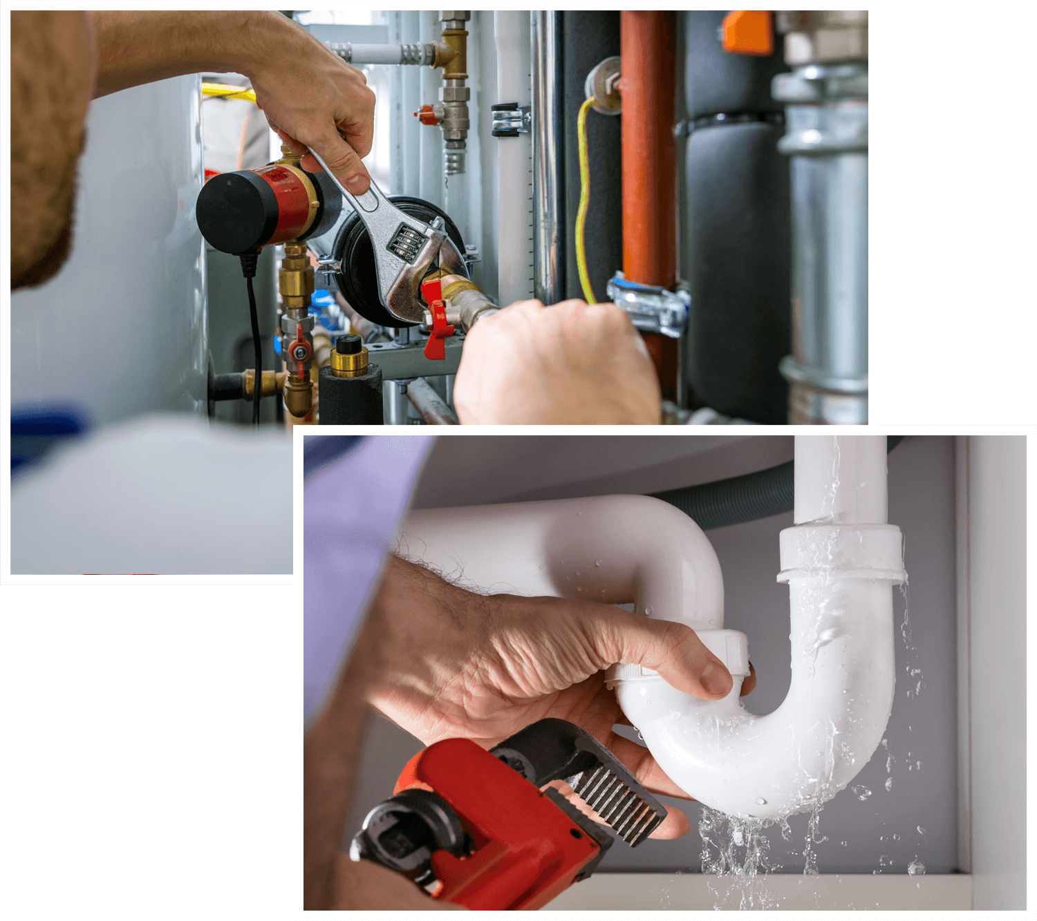 plumber working with wrench fixing the pipe fittings, plumber fixing white sink pipe with adjustable wrench