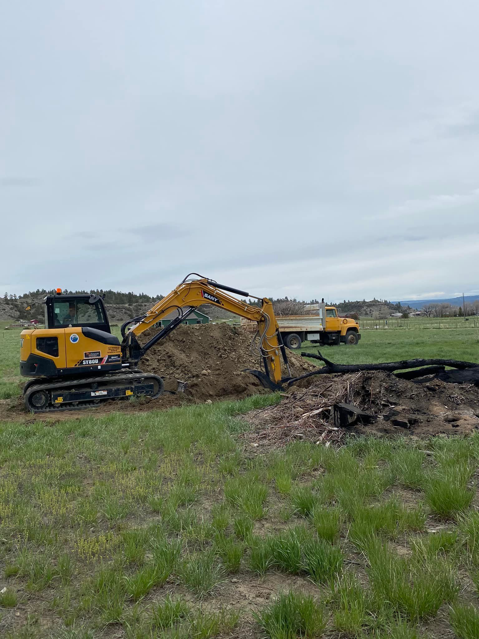 Yellow excavator digging, loading dirt into a dump truck, in a grassy field under a cloudy sky.