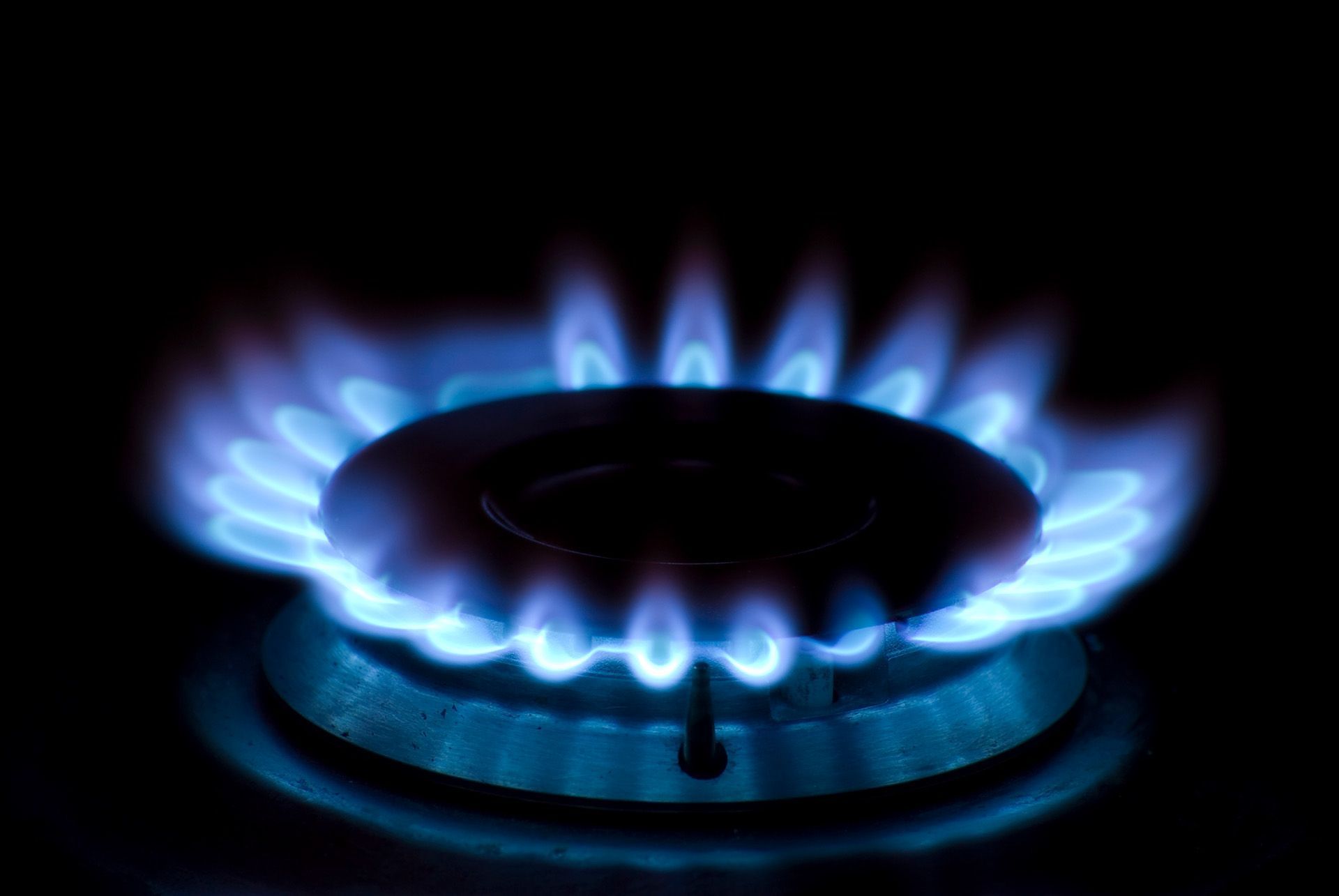 Blue natural gas stove burner flame glowing in dark kitchen for energy and cooking concept use.