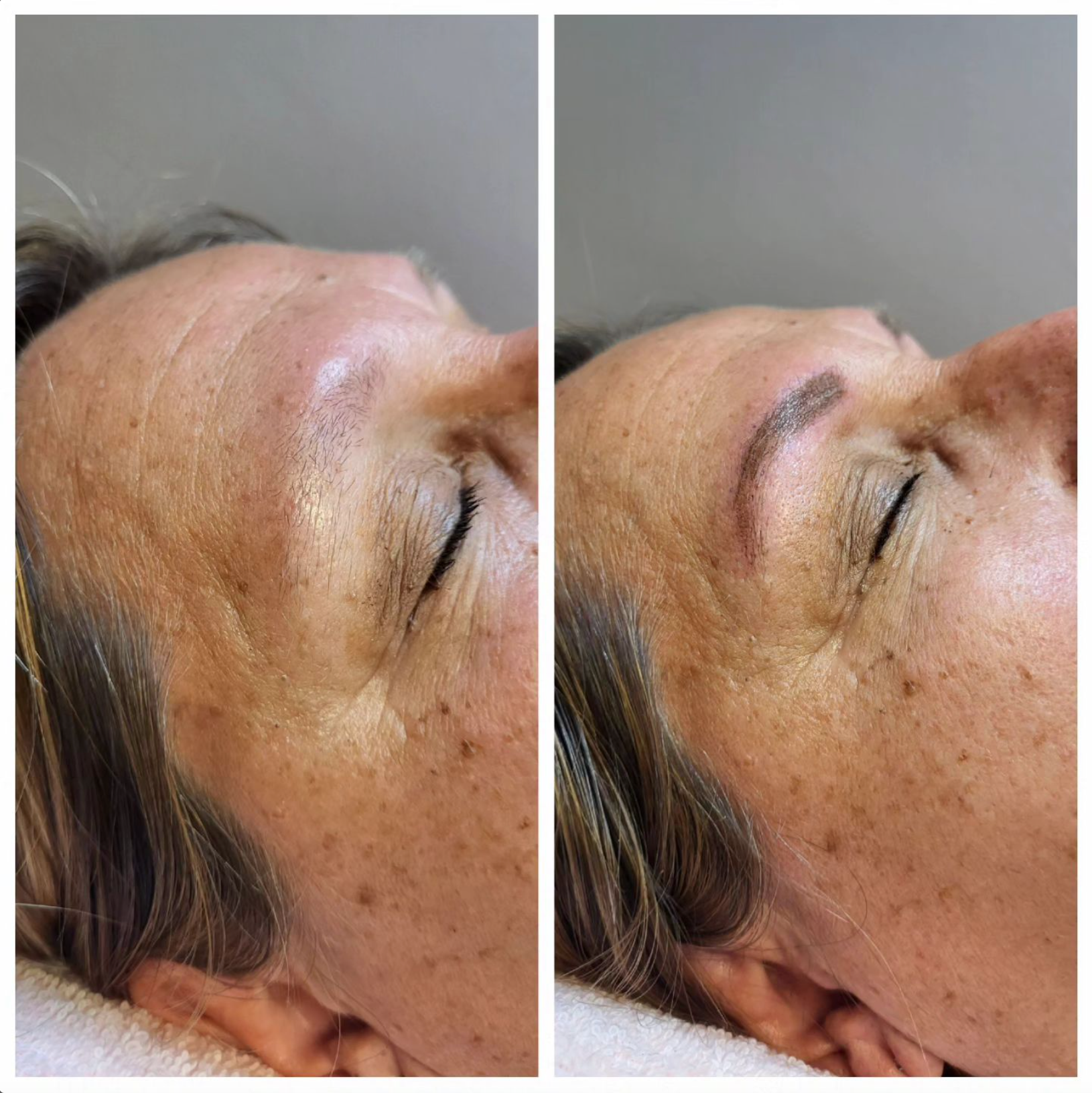 Ein Vorher-Nachher-Foto der Augenbrauen einer Frau.