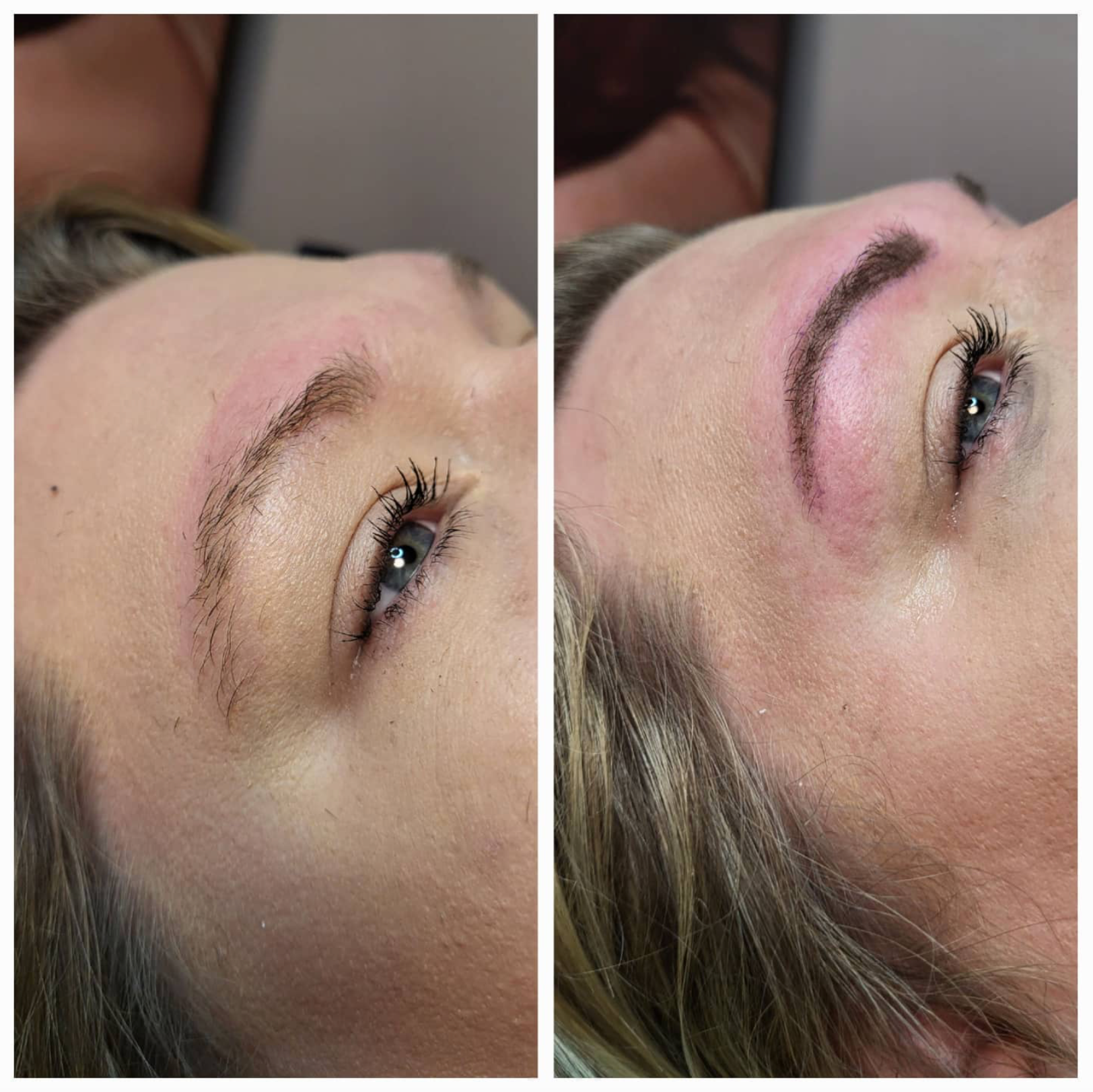 Ein Vorher-Nachher-Foto der Augenbrauen einer Frau.