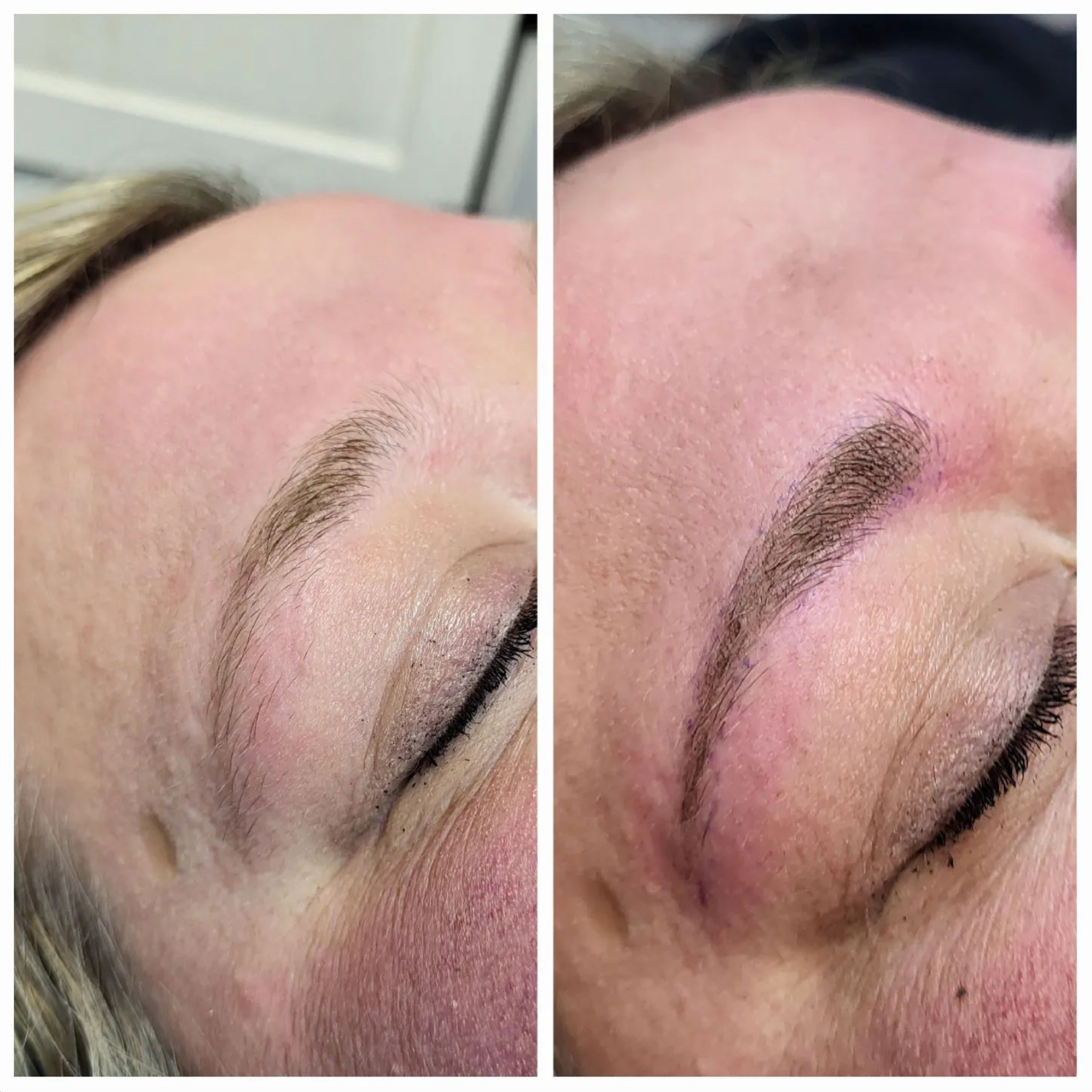 Ein Vorher-Nachher-Foto der Augenbrauen einer Frau.